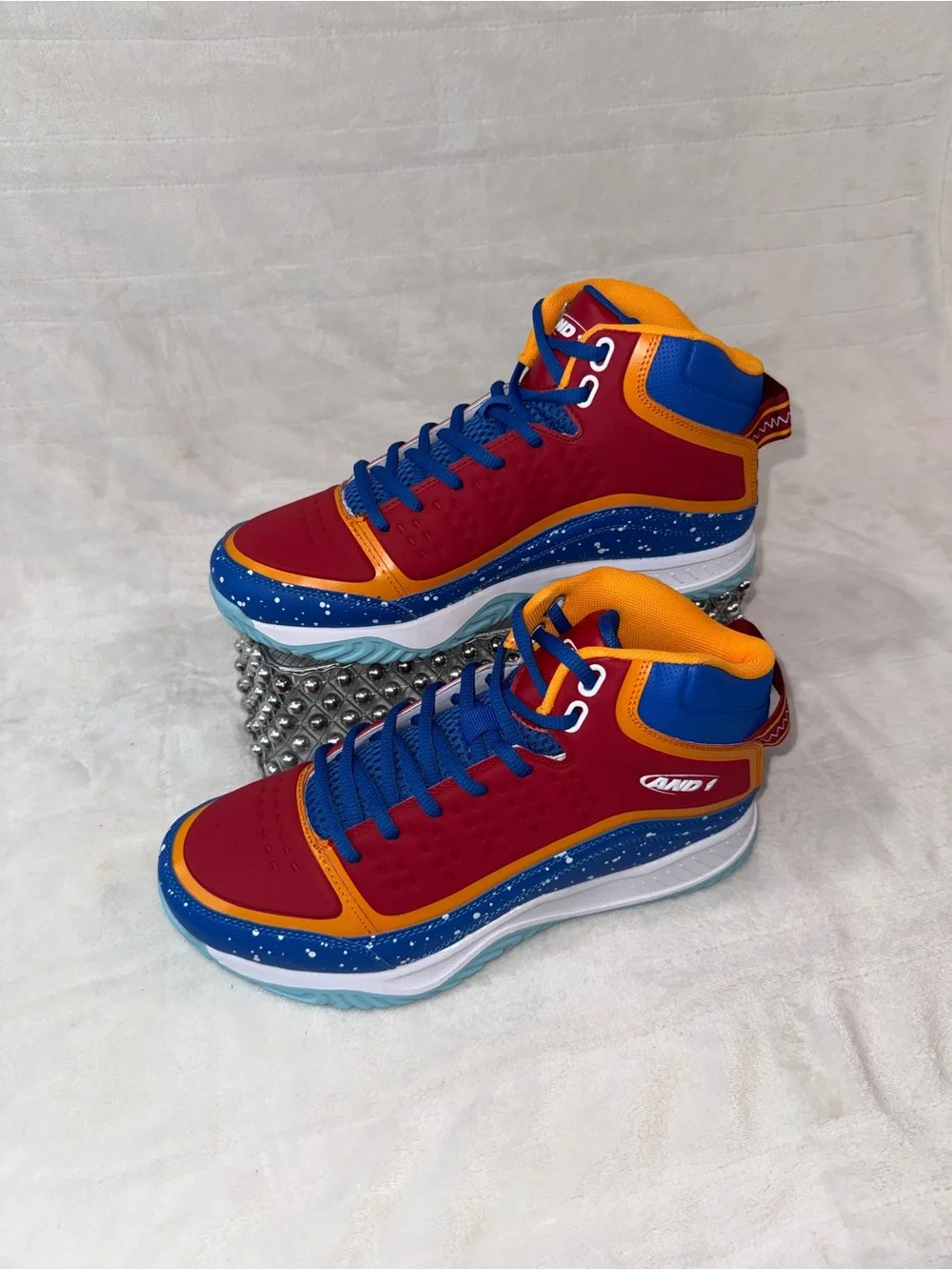 Mens 8.5 or women’s 10, AND1 Red, Blue, White, & Orange, Basketball Shoes.